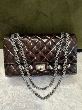 CHANEL Quilted Patent Leather Shoulder Bag in Dark Brown with Silver Chain